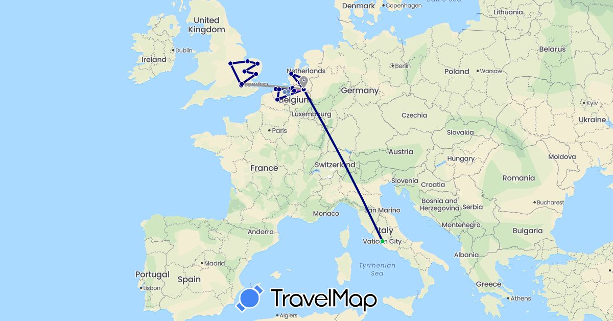 TravelMap itinerary: driving, bus, plane, cycling, train in Belgium, France, United Kingdom, Italy, Netherlands (Europe)